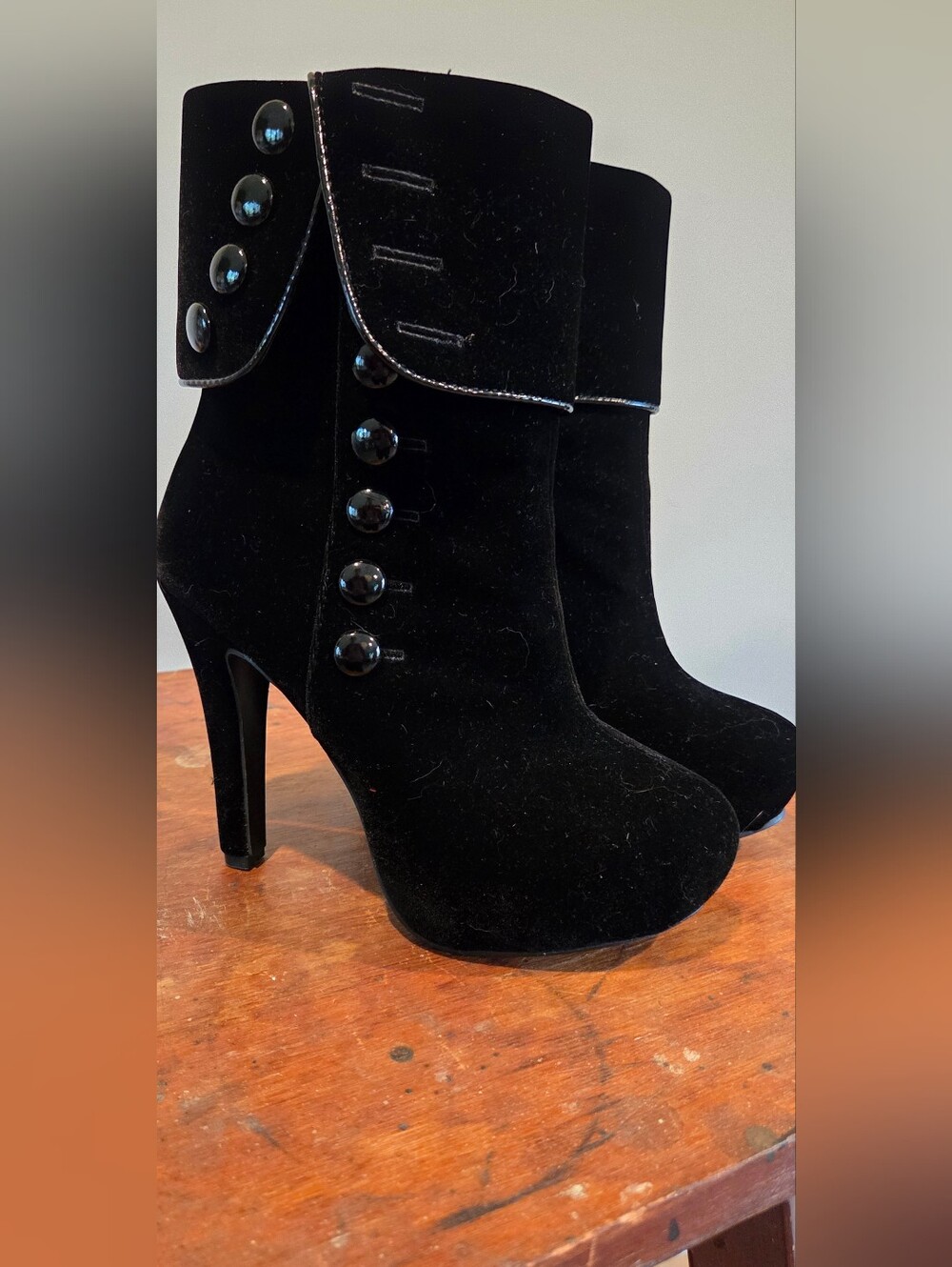 Black Velvet High Heel Button Boot - Women's Fashion Boot